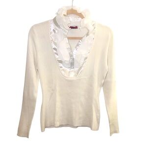 Cyrus Ribbed Cream Sweater with White Ruffled Neck
